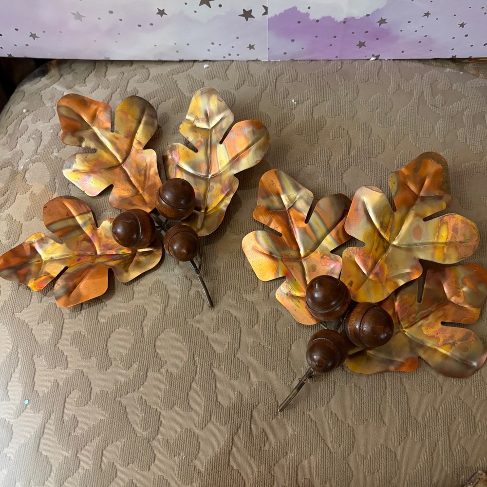 Vintage Homco Copper Tone Oak Leaf Wood Acorn Wall Decor Set of 2 MCM Fall Art